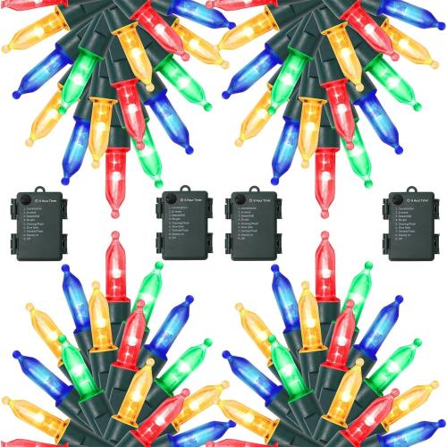 WATERGLIDE 4 Pack 50LED Outdoor Christmas Lights, 16FT Battery Operated Mini String Light with 8 Modes & Timer, Xmas Tree Lights Waterproof for Patio Garden Party Wedding Holiday Decor, Multicolor