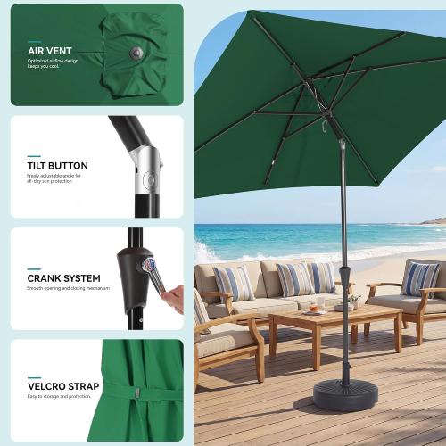 Rectangular Patio Umbrella, 6.5 x 10 ft Rectangle Table Umbrellas w/Heavy Duty Ribs, Effortless Crank and Push Button Tilt, Wind Resistant Sun Umbrella for Outdoor Patio, Dark Green