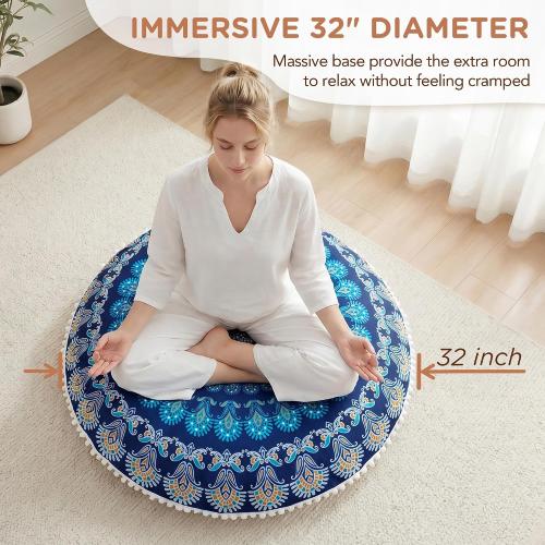 Codi Meditation Floor Pillow, Round Large Pillows Seating for Adults, Bohemian Mandala Circle Cushion for Outdoor Fireplace Yoga Living Room, 32 Inch, Memory Foam Added, Navy