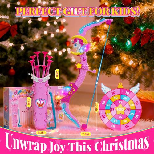 Unicorn Toys for Girls Ages 3-12, 6 Magic Lights BowArrow(Unicorn Horn, Wings, Star, Upper & Lower Arms), Dreamy Quiver & Princess Target, 8 Pink Suction Arrow, Gift for 3 4 5 6 7 8 9 10 Year Old Girl