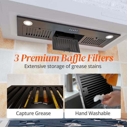 FIREGAS Black Range Hood Insert 36 inch, Built-in Kitchen Hood with 600 CFM, Ducted/Ductless Convertible Vent Hood, Stove Hood with Push Button, Aluminum Filters and Charcoal Filters