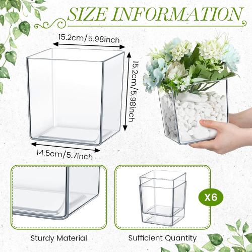 Tioncy 6 Pieces 6 x 6 Acrylic Square Vases for Centerpieces Clear Plastic Vase Cube Flower Vase Bulk for Wedding Centerpieces Home Office Floral Plant Succulent Pots Planters