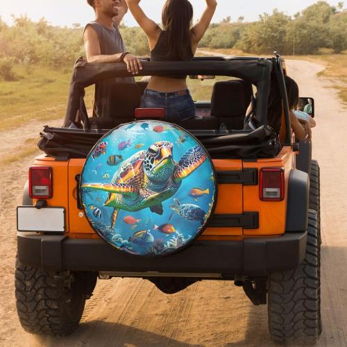 Dujiea Marine Funny Sea Turtle Fish Spare Tire Cover, Universal Wheel Tire Cover Dust-Proof Tire Protectors for Trailer Rv Van SUV Truck Camper and Many Vehicle 14 15 16 17 Inch
