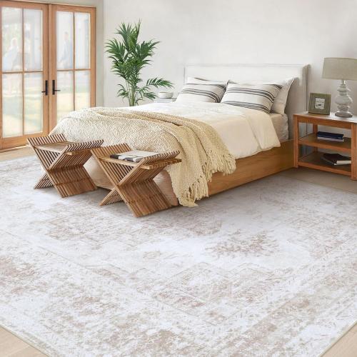 Area Rug Living Room Rug, Machine Washable Vintage Distressed Medallion Rug Non-Slip Soft Low Pile Large Indoor Rugs for Bedroom Kitchen Dining Room Office(stone grey/ beige)