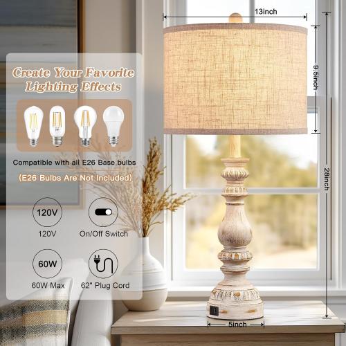 Farmhouse Bedside Lamps Set of 2 Bedroom Lamps for Nightstand with USB A C Ports, 28” Rustic Vintage Table Lamps for Living Room with Rotary Switch - Bulb Not Included