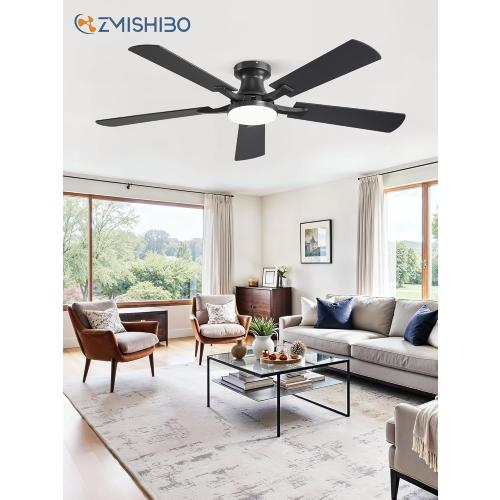 ZMISHIBO 52 Inch Ceiling Fan with Light, App&Remote Control, Flush Mount Low Profile, Dimmable 20W LED Light, Quiet Reversible Motor for Bedroom, Living Room, Apartment, Black