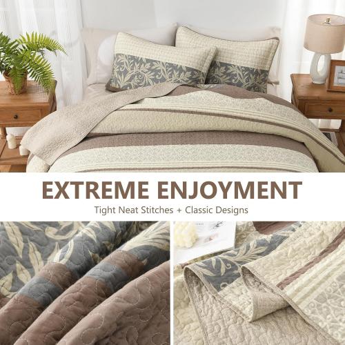 100% Cotton Quilt Set Queen Size - Striped Quilted Comforter, Patchwork Botanical Queen Quilt Bedspread, Modern Farmhouse Lightweight Bedding for Queen Bed, 3pcs, Brown/Beige/Gray