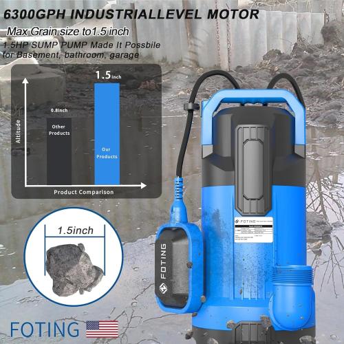 FOTING 1.5HP Sump Pump, 6300GPH High Flow Clean&Dirty Submersible Water Pump with Float Switch, Thermoplastic Electric Portable Utility Pump for Pool Draining Hot Tub Garden Basement