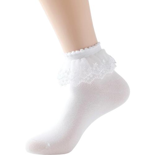 SRYL Women Ankle Socks, Lace Ruffle Frilly Cotton Trim Double Layer, Princess Dress Socks H08
