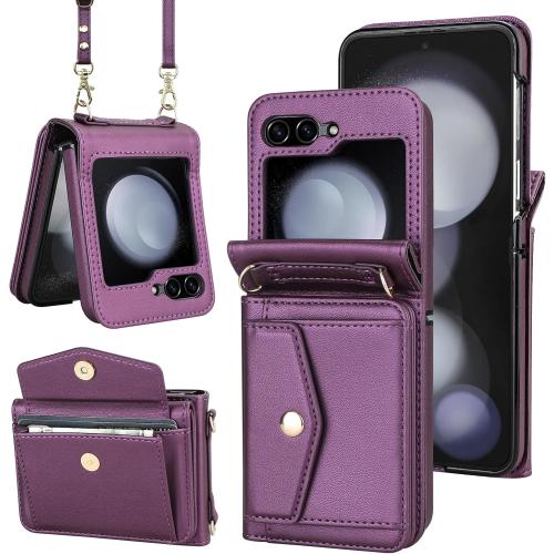 Vofolen for Samsung Galaxy Z Flip 5 Case with Card Holder Slot Crossbody Wallet Cover with Adjustable Strap Magnetic Closure Soft PU Leather Protective zflip5 Phone Purse for Women Girls, Purple
