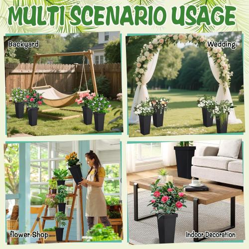 8 Pack Flower Buckets for Cut Flowers 13.4 Inch Plastic Floral Buckets Modern Square Vases for Centerpieces Display Decorative Plastic Vases for Home Office Wedding Decorations-Black