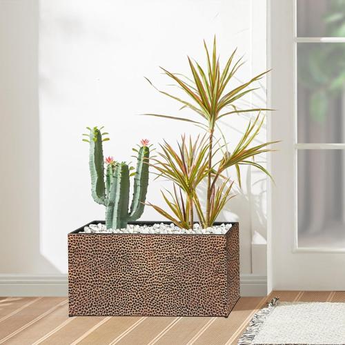 BAYN 30x12x16 Inch Rectangular Metal Planter Box – Bronze Hand-Hammered Metal Planter with Pre-Drill Holes, Heavy Duty Outdoor Garden Planter for Patio, Porch, Yard