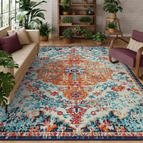 Lahome Area Rugs 9x12 Living Room Rug,Large Boho 9 x 12 Area Rugs for Living Room Washable Bedroom Rug,Boho Vintage Soft Non-Slip Printed Indoor Carpet for Dining Room Home Office(9x12ft,Orange)
