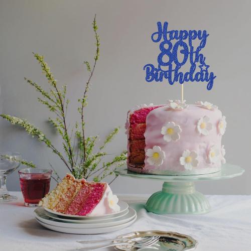 Gyufise 1Pc Happy 80th Birthday Cake Topper Glitter Cheers to 80 Years Old Birthday Cake Pick for Happy 80th Birthday Anniversary Party Cake Decorations Supplies Blue