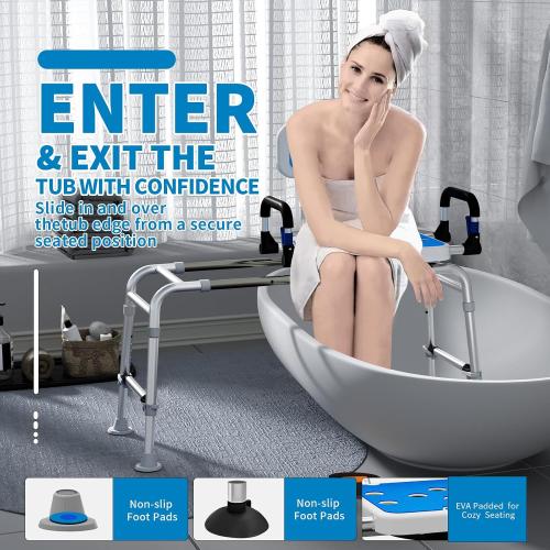 Sliding Shower Chair with Arms and Back, 500lbs Tub Transfer Benches with Non Slip Aluminum Body and Suction Cups Adjustable Height Bath Seats for Seniros Elderly Disabled or Bariatric Adults