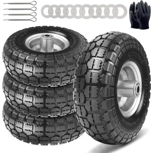 4.10/3.50-4 Tire and Dolly Wheel Flat Free - Solid Rubber Hand Truck Wheels 5/8 Axle - Gorilla Cart Tires Replacement for Garden, Wagon, Yard and Wheelbarrow (10 Inch 4 Pack)