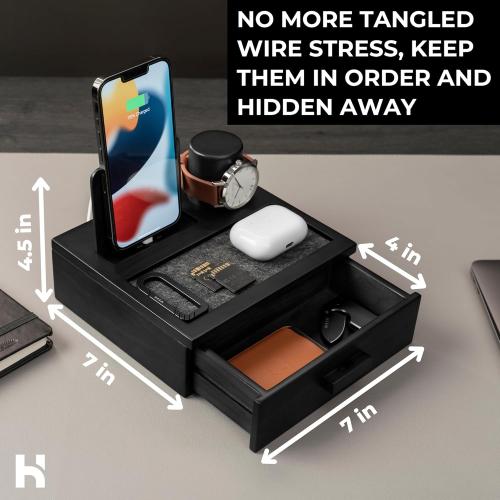 Color Black Holme & Hadfield Premium Wooden Phone Docking Station with Drawer – Nightstand Organizer for Charging Phone – Declutter Your Space with Felt-Lined Protection & Watch Pillar – Gift For Men