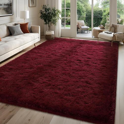 Fluffy Burgundy Red Rugs for Bedroom, Dark Red Area Rug for Living Room, Soft Shaggy Plush Cute Floor Carpet for Boys Kids Girls Bedroom, Non Slip and Washable Carpets for Home Decor