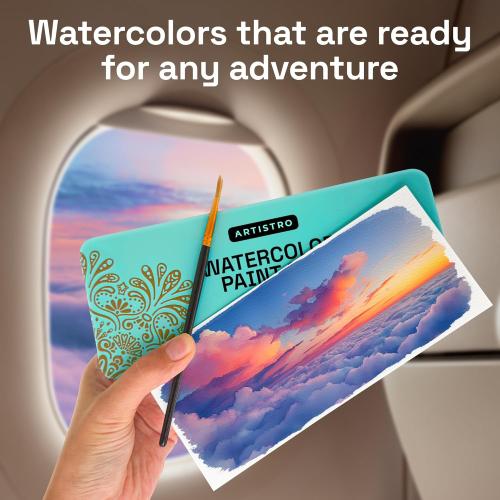 ARTISTRO 50 Color Watercolor Paint Set - Portable Paint Art Kit with Palette and Brush Pens - Travel Water Color Set for Adults, Professionals, Kids - Art and Painting Supplies - Gift Idea