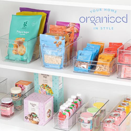 Plastic Food Storage 4 Pack Clear Container Bin with Handles for Organizing Kitchen, Pantry, Fridge, Freezer, Pantry,Bathroom.