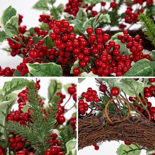Christmas Wreath for Front Door, Real Touch Pine Artificial Wreath with Berry Clusters and Holly Leaves for Outdoor Christmas Decorations Winter Wreath, 18 Inches