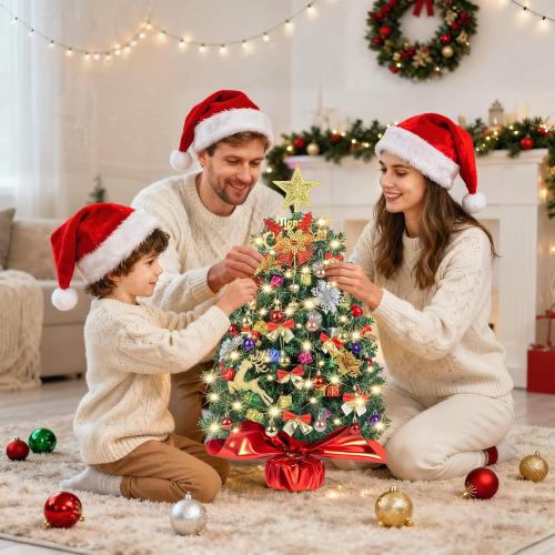 Small Christmas Tree with Lights, 24 inch/2FT Tabletop Desk Christmas Tree with 100 Branches 70 Ornaments Artificial Small XMS Tree for Table Desk Home Christmas Holiday Decor