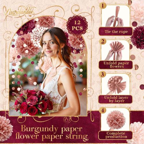 NICROLANDEE Bachelorette Party Decorations 15Pcs Burgundy Tissue Pom Poms