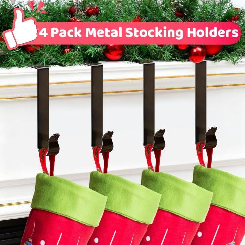 Stocking Holders for Mantle, Christmas Stocking Hooks, 4 Pack Stocking Hangers for Mantel, Non-Skid Stocking Hangers, Lightweight Stocking Hooks for Fireplace Home Party Decor