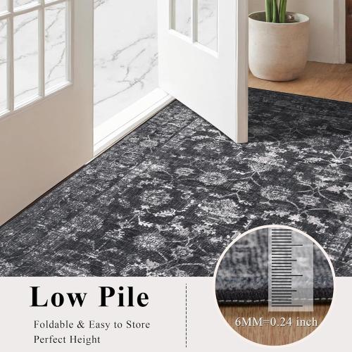 Washable Area Rug 2.6x8 Black Runner Rugs for Living Room, Vintage Boho Hallway Large Rug for Bedroom Dining Room Office, Distressed Floral Carpet for Under Table, Soft Non Slip Low Pile Throw Carpet