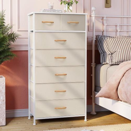 Crestlive Products Vertical Dresser Storage Tower - Sturdy Steel Frame, Wood Top, Easy Pull Fabric Bins, Wood Handles - Organizer Unit for Bedroom, Hallway, Entryway, Closets - 7 Drawers (Beige)