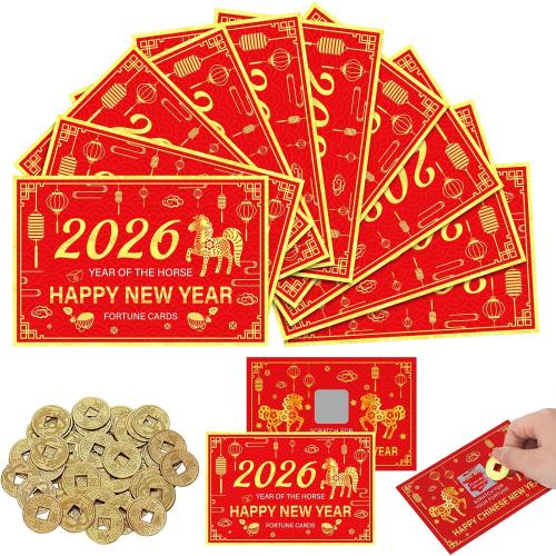 50 Counts Chinese Lunar New Year 2026 Scratch Off Fortune Cards with 50 Fortune Coins 2026 Year of The Horse Party Games Spring Festival Party Supplies for Presents Gifts Decorations(Horse)