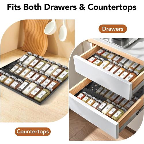Spice Drawer Organizer 3-Tier Expandable (11-22 Wide), Spice Rack for Cabinet with Funnel & Spice Labels, Fits Large Jars, Seasoning Storage Insert Design for Cabinet & Drawer (Black)