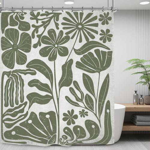 Sage Green Retro Matisse Flower Shower Curtain 60Wx72L Inch Vintage Aesthetic Minimalist Cute Art 70s Trendy Modern Bathroom Set Accessories Decor with 12 Pack Hooks