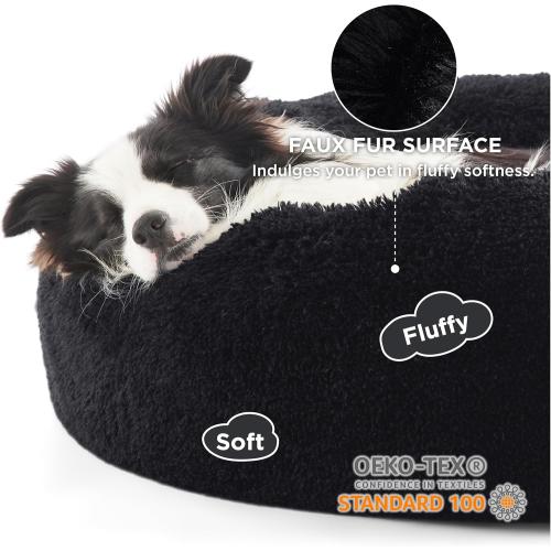 Bedsure Calming Dog Bed for Large Dogs - Donut Washable Large Pet Bed, 36 inches Anti-Slip Round Fluffy Plush Faux Fur Dog Bed, Fits up to 80 lbs Pets, Black