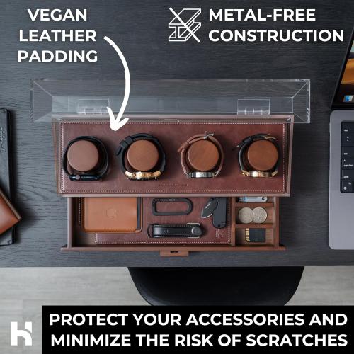 Walnut 4-slot Holme & Hadfield Personalized 4-Slot Wooden Watch Display Case – Handcrafted Men’s Watch Box with Accessory Drawer, Hinged Cover, Leather Lining – Birthday Gift for Collectors – Luxury Built to Last