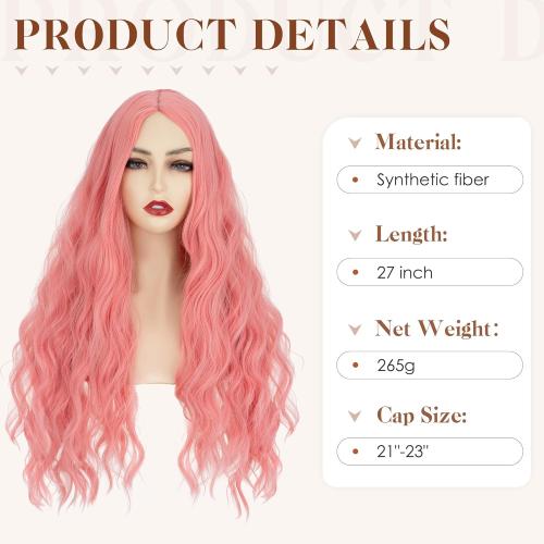 S-noilite Long Pink Wavy Wig Middle Part for Women 27 inch Long Curly Wavy Pink Wig Natural Looking Synthetic Hair Colorful Anime Cosplay Party Halloween Costume Daily
