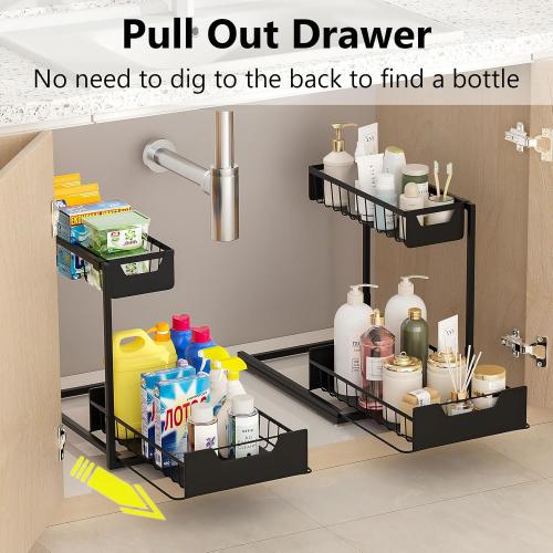 Under Kitchen Sink Organizers and Storage Pull Out 2 Tier Metal Bathroom Cabinet Organizer (Black, 2 Pack)