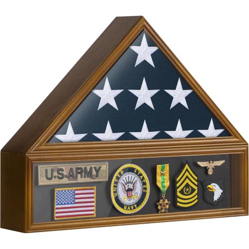 Flag Case for 3'x5' American Flag Display Case Brown Wood Memorial Flag Veteran Military Medal Pins Shadow Box with Acrylic Covered and Wall Mounted (Not for Burial Flag Size)