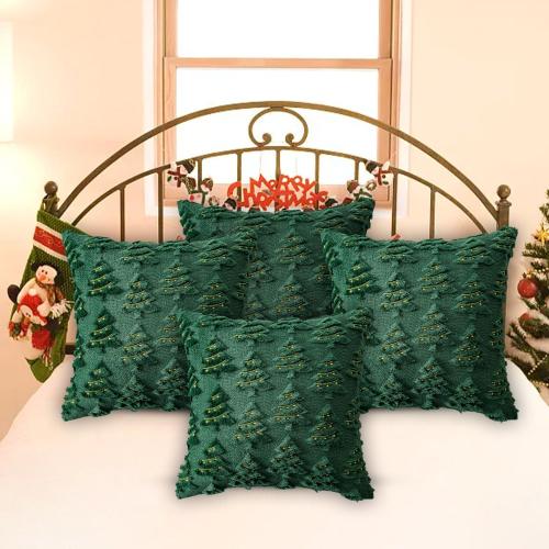 4 Pcs Christmas Throw Pillow Covers 18x18, Soft Faux Fur Pillow Cases Holiday Decorations, Fluffy Plush Accent Couch Cushion Case for Festivals Winter Sofa Living Room Home Decor(Green Tree)