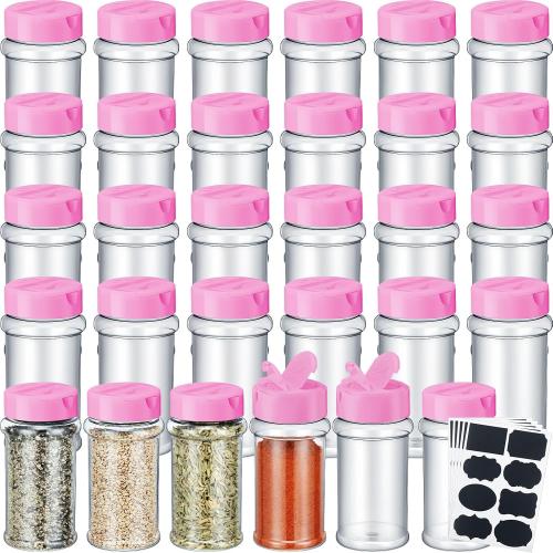 Eccliy 36 Pack 3 oz Clear Plastic Spice Jars with Shaker Lids,Pink | Empty Seasoning Containers and Labels, Dual Shaker Pour Lids, Ideal for Storing Herbs Pepper Powder Spices Condiment