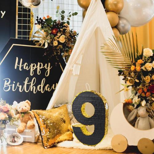 PCFING 20 Inch Number 9 Piñata Gold Black with 30 Inch Piñata Stick Blindfold Confetti for Man Women Boys Girls Birthday Party Decorations, Anniversary Celebration, Fiesta