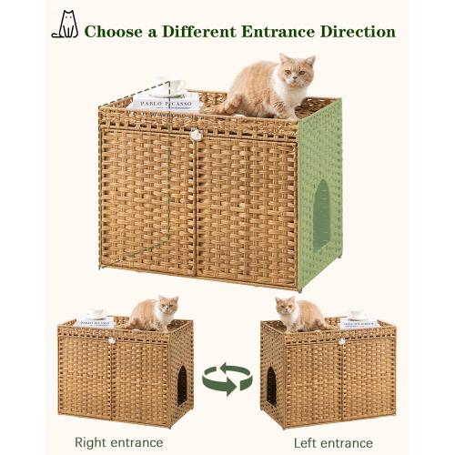 SETVSON Cat Litter Box Enclosure Furniture, Handwoven Rattan Hidden Litter Box with Mat, Large Space Cat House with 2 S-Shaped Hooks 30.3 x 18.3 x 24.4 Inches, Indoor for Living Room Apartment Natural