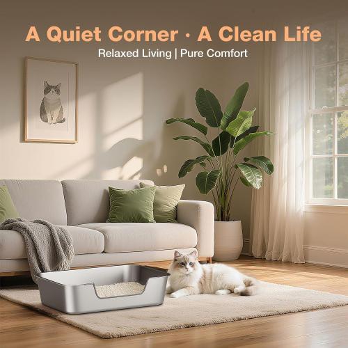 Qiuma Stainless Steel Cat Litter Box with Low Entry, Large Metal Kitty Litter Box for Senior or Injured Cats, Odor-Free, Non-Stick, Easy to Clean, 23.4x15.6x7.8, for Multiple Cats
