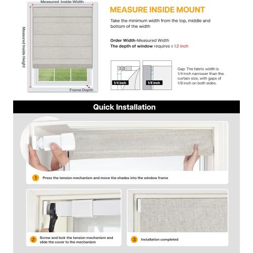 LazBlinds No Drill Roman Shades for Windows, Cordless Blackout Window Shades with UV Protection, Polyester Fabric for Bedroom & Living Room, 34 W x 64 H, Grey