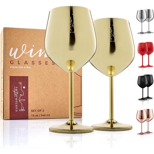 Gusto Nostro Stainless Steel Wine Glass - 18 oz Unbreakable Gold Wine Glasses for Travel, Camping and Pool - Fancy, Unique and Cute Portable Metal Wine Glass for Outdoor Events, Picnics (Set of 2)