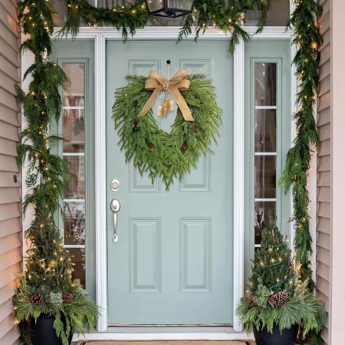 Faux Christmas Norfolk Pine Wreath with 4 Pcs Rustic Vintage Iron Bells,20 Inch Artificial Green Wreath Greenery Realistic Wreath Holiday Decoration (Bow)