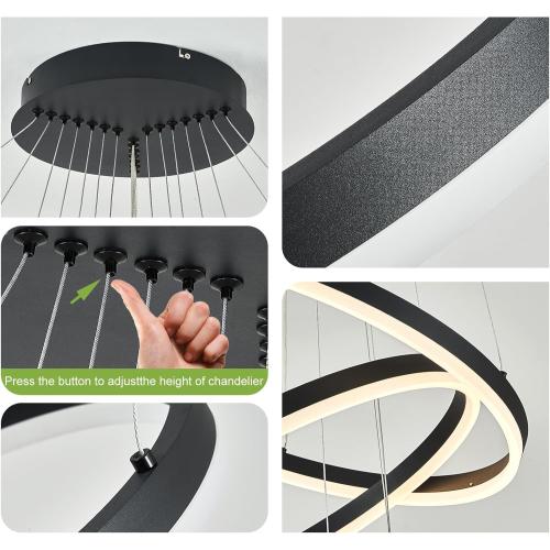 D31.5 3 Rings Modern LED Chandelier Black Dimmable LED Pendant Light with Remote Control Circular Flush Mount High Ceiling Light for Dining Room Living Room Bedroom Foyer(3000K-6500K, H71)