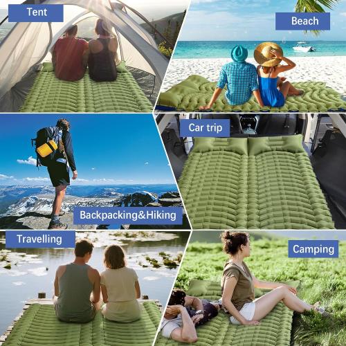 Double Camping Sleeping pad with Pillow & Built-in Foot Pump | Ultralight Camping Mattress，Compact Inflatable 2-Person Portable Mat for Backpacking, Hiking, Car Traveling, Beach, Tent