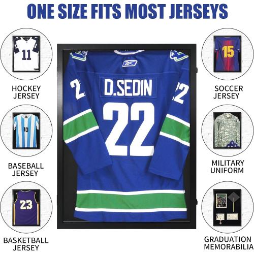 Size Large Color Black Wooden Jersey Frame Display Case 1 Pack, Large Sports Jersey Shadow Box Frame with Hangers for Hockey Football Baseball Basketball Soccer Shirt and Uniform