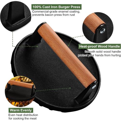 EWFEN Burger Press, 7 Round Heavy-Duty Cast Iron Smash Bacon Press Meat Steak with Wood Handle for Griddle, Sandwich, Nonstick Pan